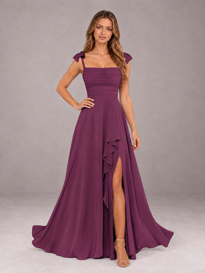 Plum A-Line Square Neck Sleeveless Chiffon Floor-Length Bridesmaid Dress With Side Split
