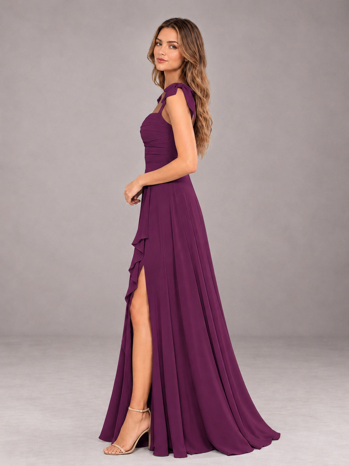 Plum A-Line Square Neck Sleeveless Chiffon Floor-Length Bridesmaid Dress With Side Split