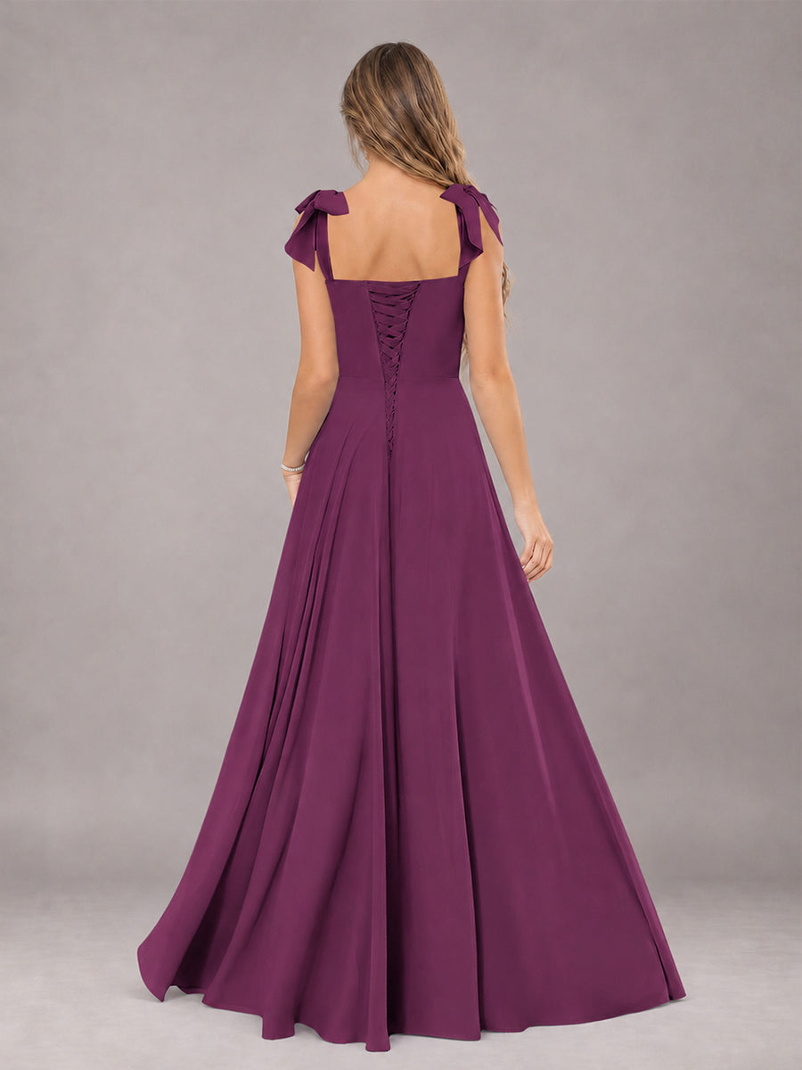 Plum A-Line Square Neck Sleeveless Chiffon Floor-Length Bridesmaid Dress With Side Split