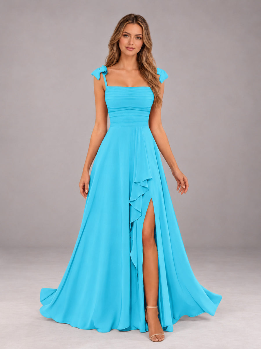 Pool A-Line Square Neck Sleeveless Chiffon Floor-Length Bridesmaid Dress With Side Split