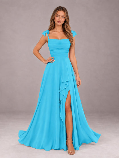 Pool A-Line Square Neck Sleeveless Chiffon Floor-Length Bridesmaid Dress With Side Split