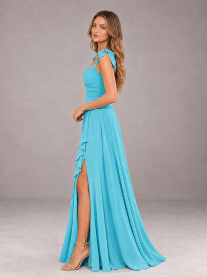 Pool A-Line Square Neck Sleeveless Chiffon Floor-Length Bridesmaid Dress With Side Split