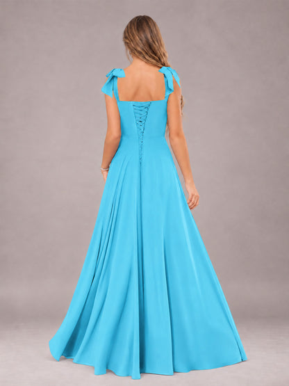 Pool A-Line Square Neck Sleeveless Chiffon Floor-Length Bridesmaid Dress With Side Split