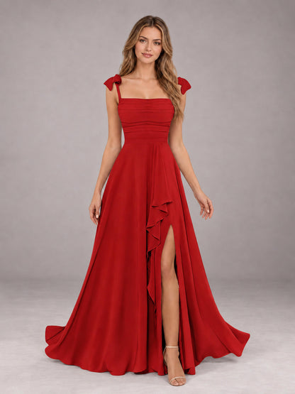 Red A-Line Square Neck Sleeveless Chiffon Floor-Length Bridesmaid Dress With Side Split