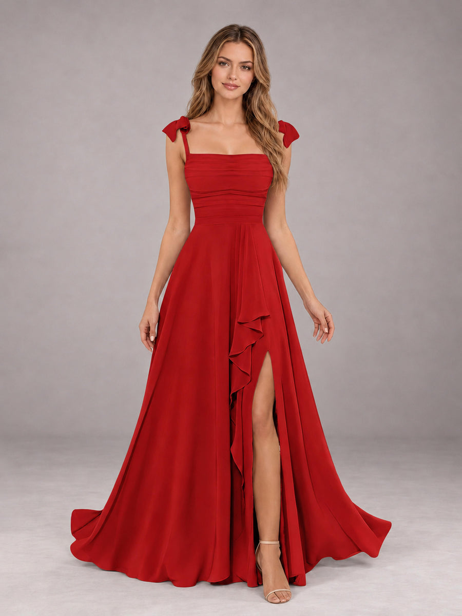 Red A-Line Square Neck Sleeveless Chiffon Floor-Length Bridesmaid Dress With Side Split