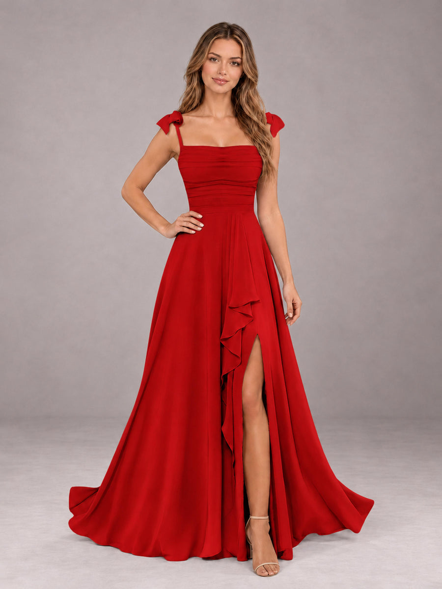 Red A-Line Square Neck Sleeveless Chiffon Floor-Length Bridesmaid Dress With Side Split
