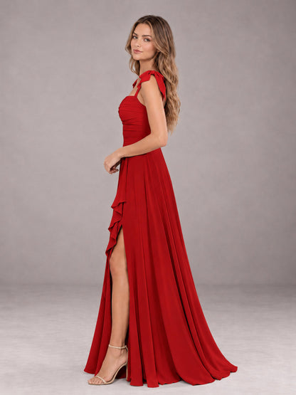 Red A-Line Square Neck Sleeveless Chiffon Floor-Length Bridesmaid Dress With Side Split