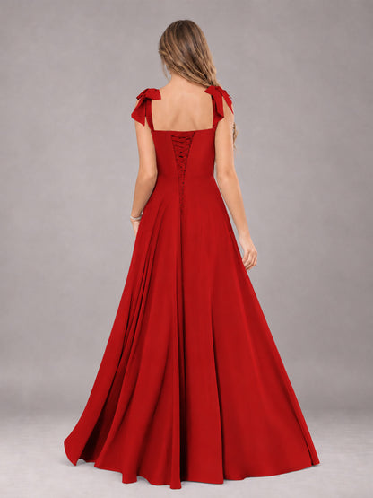 Red A-Line Square Neck Sleeveless Chiffon Floor-Length Bridesmaid Dress With Side Split