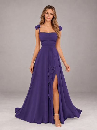 Regency A-Line Square Neck Sleeveless Chiffon Floor-Length Bridesmaid Dress With Side Split
