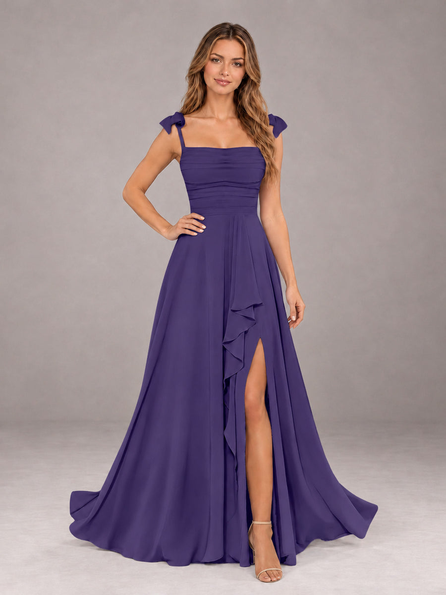 Regency A-Line Square Neck Sleeveless Chiffon Floor-Length Bridesmaid Dress With Side Split