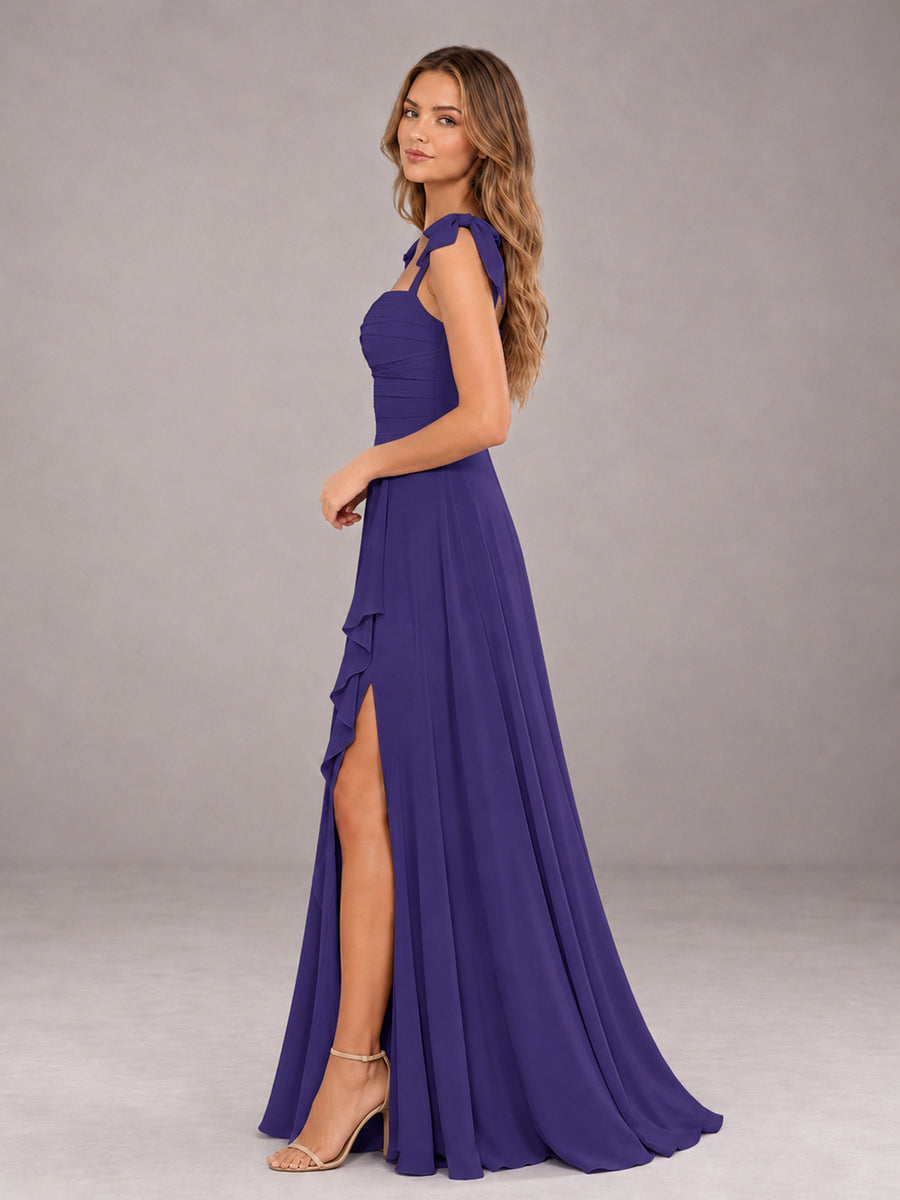 Regency A-Line Square Neck Sleeveless Chiffon Floor-Length Bridesmaid Dress With Side Split