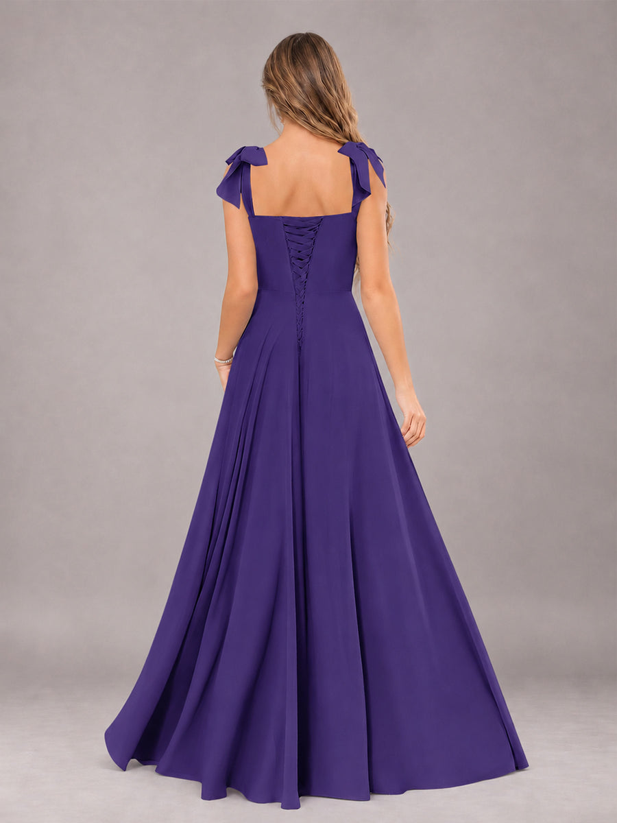 Regency A-Line Square Neck Sleeveless Chiffon Floor-Length Bridesmaid Dress With Side Split