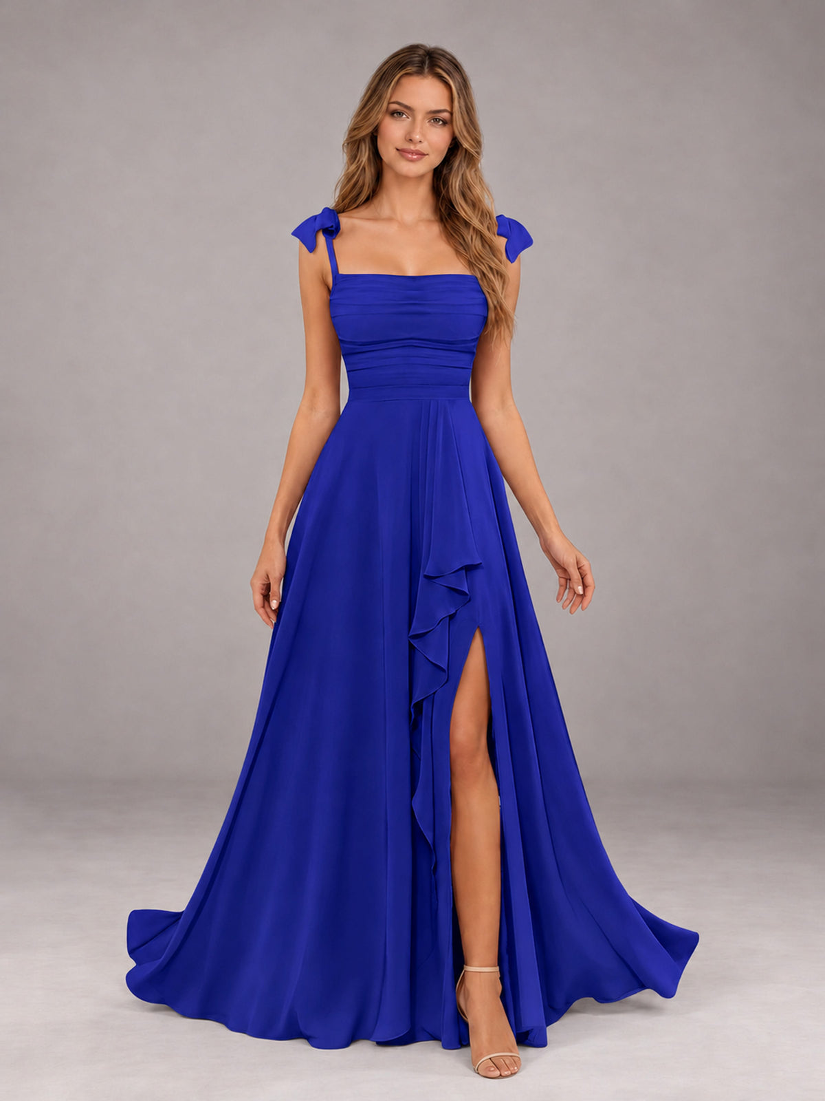 Royal Blue A-Line Square Neck Sleeveless Chiffon Floor-Length Bridesmaid Dress With Side Split