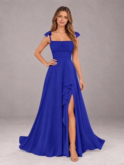 Royal Blue A-Line Square Neck Sleeveless Chiffon Floor-Length Bridesmaid Dress With Side Split