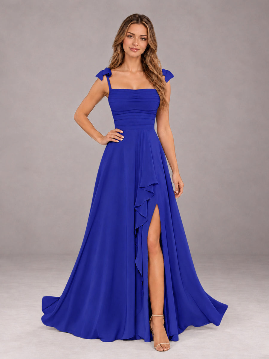 Royal Blue A-Line Square Neck Sleeveless Chiffon Floor-Length Bridesmaid Dress With Side Split