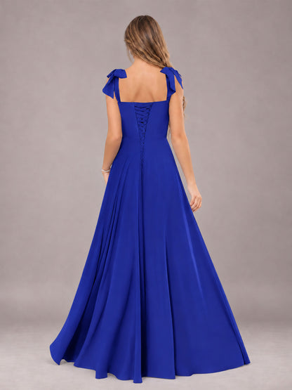 Royal Blue A-Line Square Neck Sleeveless Chiffon Floor-Length Bridesmaid Dress With Side Split