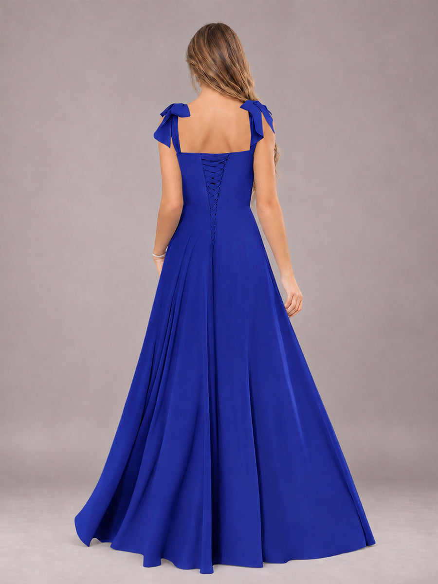 Royal Blue A-Line Square Neck Sleeveless Chiffon Floor-Length Bridesmaid Dress With Side Split