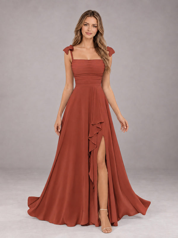 Rust A-Line Square Neck Sleeveless Chiffon Floor-Length Bridesmaid Dress With Side Split