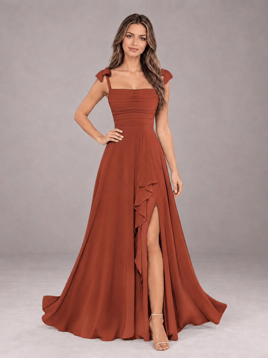 Rust A-Line Square Neck Sleeveless Chiffon Floor-Length Bridesmaid Dress With Side Split