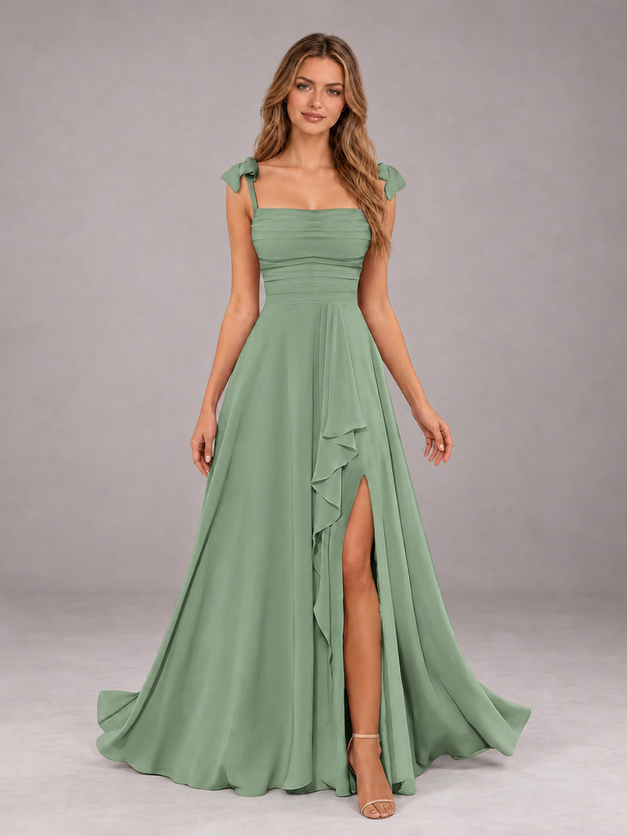 Sage Green A-Line Square Neck Sleeveless Chiffon Floor-Length Bridesmaid Dress With Side Split