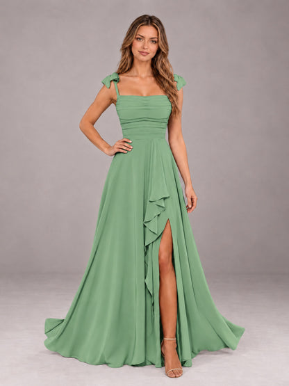 Sage Green A-Line Square Neck Sleeveless Chiffon Floor-Length Bridesmaid Dress With Side Split