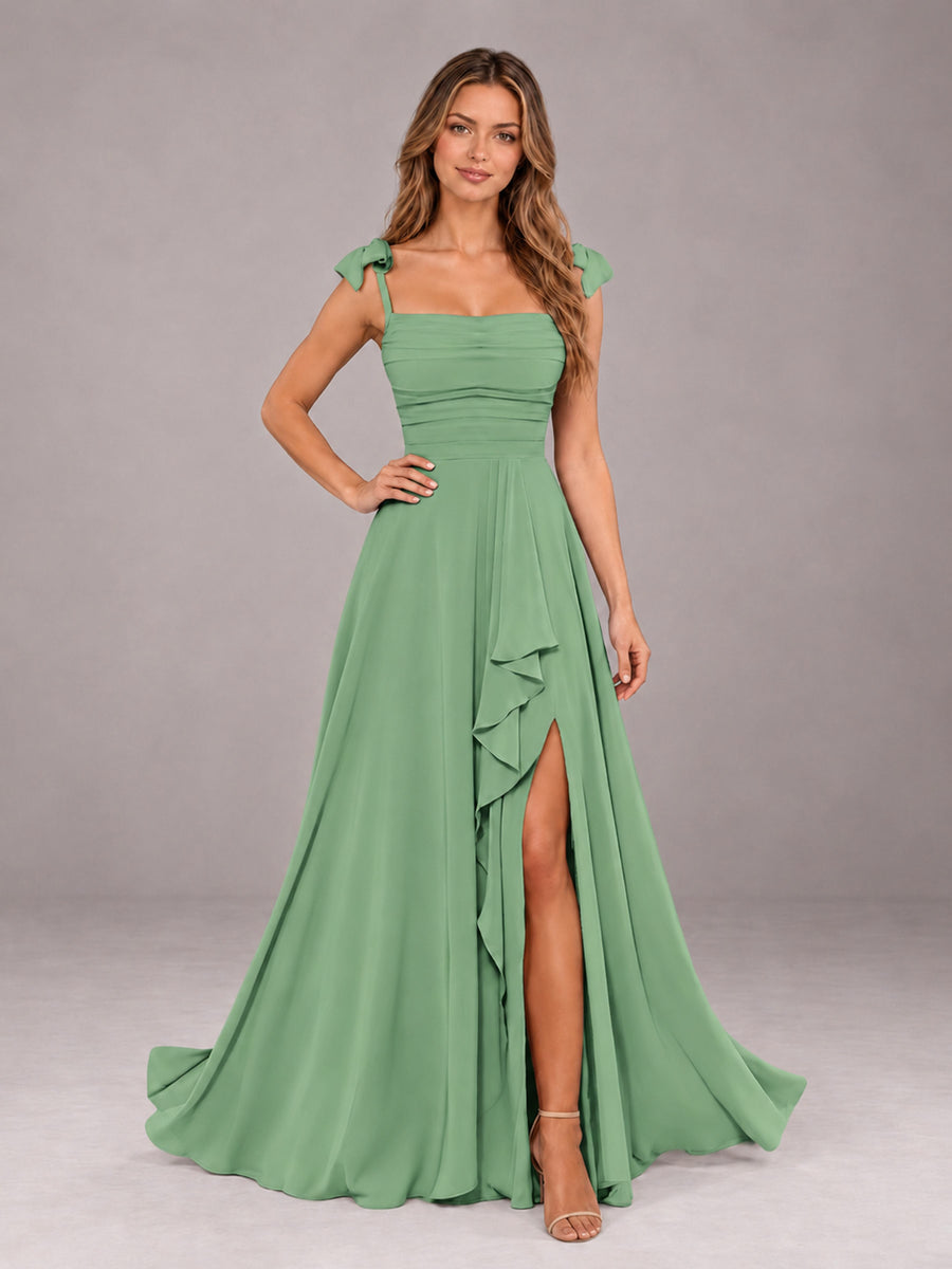 Sage Green A-Line Square Neck Sleeveless Chiffon Floor-Length Bridesmaid Dress With Side Split