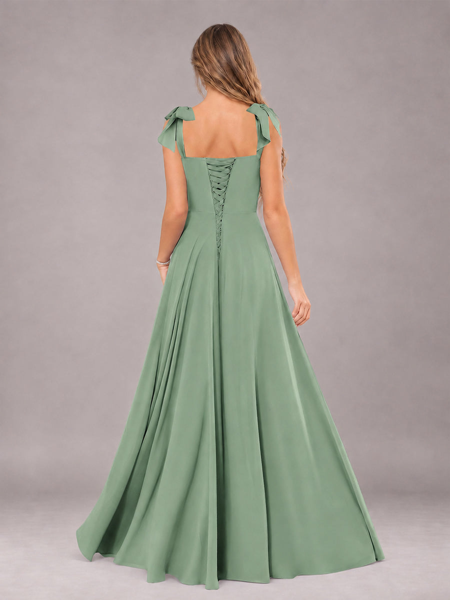 Sage Green A-Line Square Neck Sleeveless Chiffon Floor-Length Bridesmaid Dress With Side Split