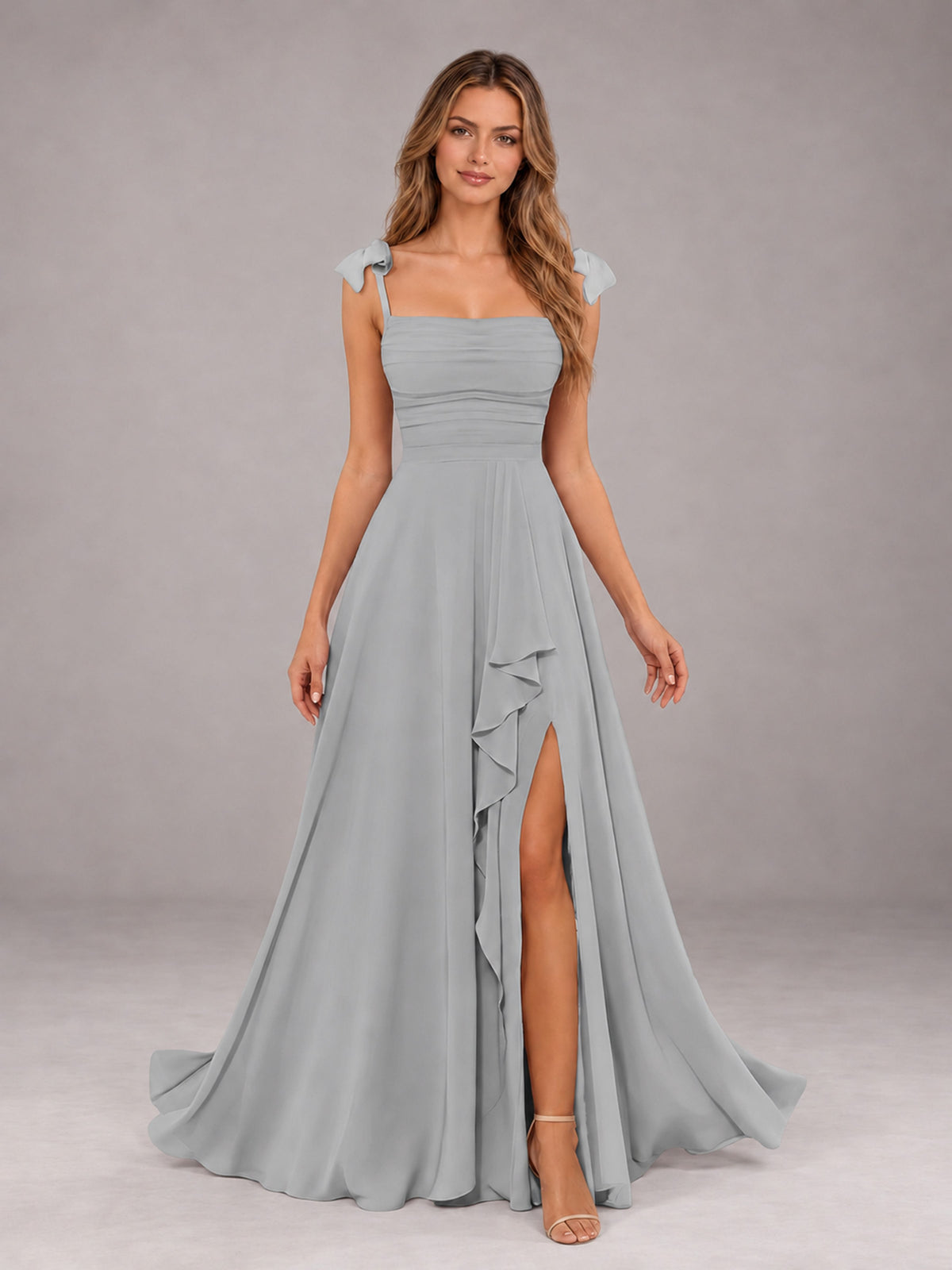 Silver A-Line Square Neck Sleeveless Chiffon Floor-Length Bridesmaid Dress With Side Split