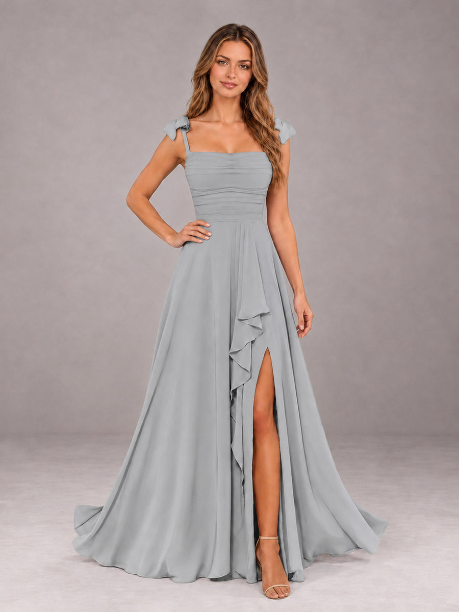 Silver A-Line Square Neck Sleeveless Chiffon Floor-Length Bridesmaid Dress With Side Split