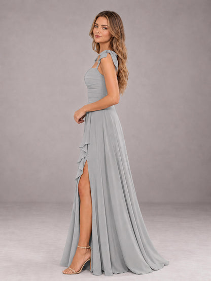Silver A-Line Square Neck Sleeveless Chiffon Floor-Length Bridesmaid Dress With Side Split