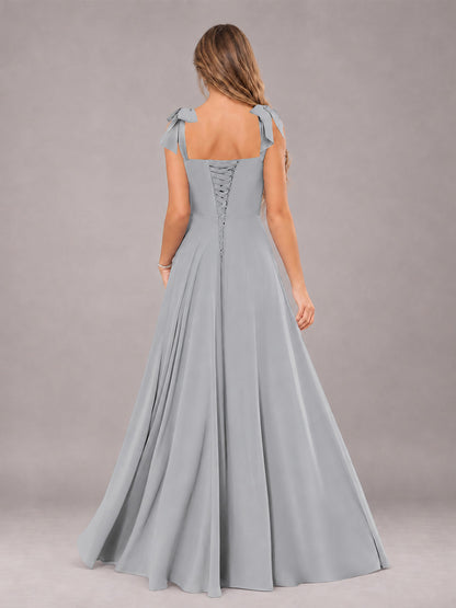 Silver A-Line Square Neck Sleeveless Chiffon Floor-Length Bridesmaid Dress With Side Split
