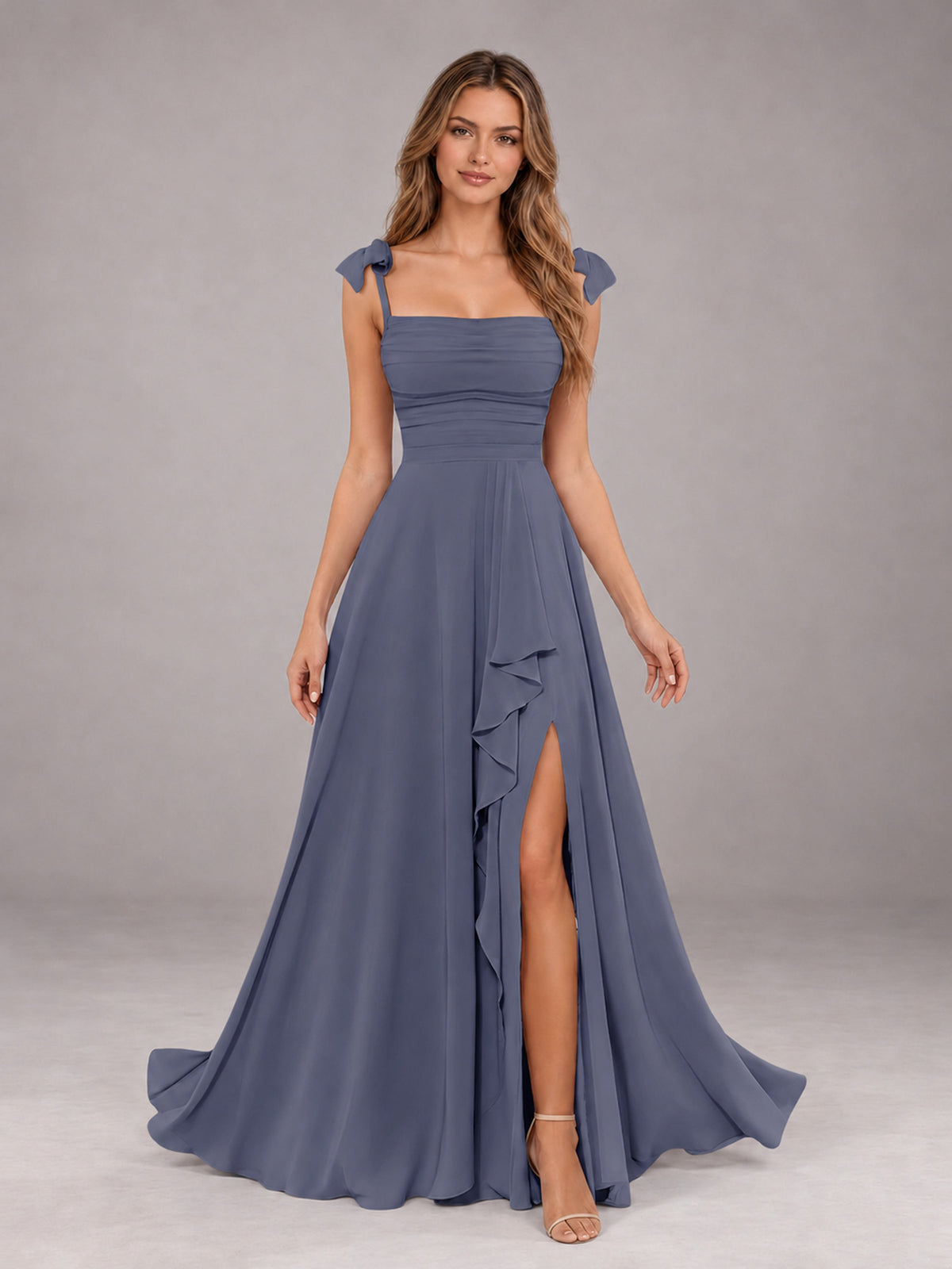 Stormy Blue A-Line Square Neck Sleeveless Chiffon Floor-Length Bridesmaid Dress With Side Split