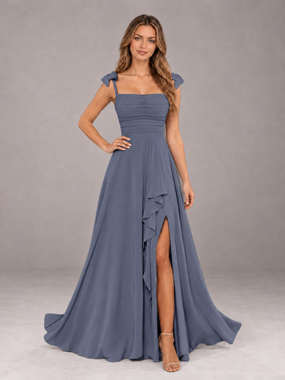 Stormy Blue A-Line Square Neck Sleeveless Chiffon Floor-Length Bridesmaid Dress With Side Split