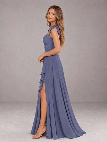 Stormy Blue A-Line Square Neck Sleeveless Chiffon Floor-Length Bridesmaid Dress With Side Split
