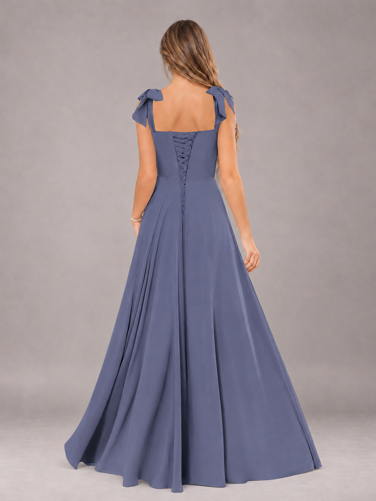 Stormy Blue A-Line Square Neck Sleeveless Chiffon Floor-Length Bridesmaid Dress With Side Split