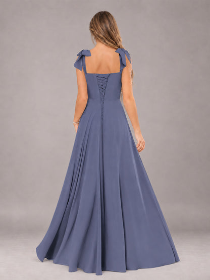 Stormy Blue A-Line Square Neck Sleeveless Chiffon Floor-Length Bridesmaid Dress With Side Split