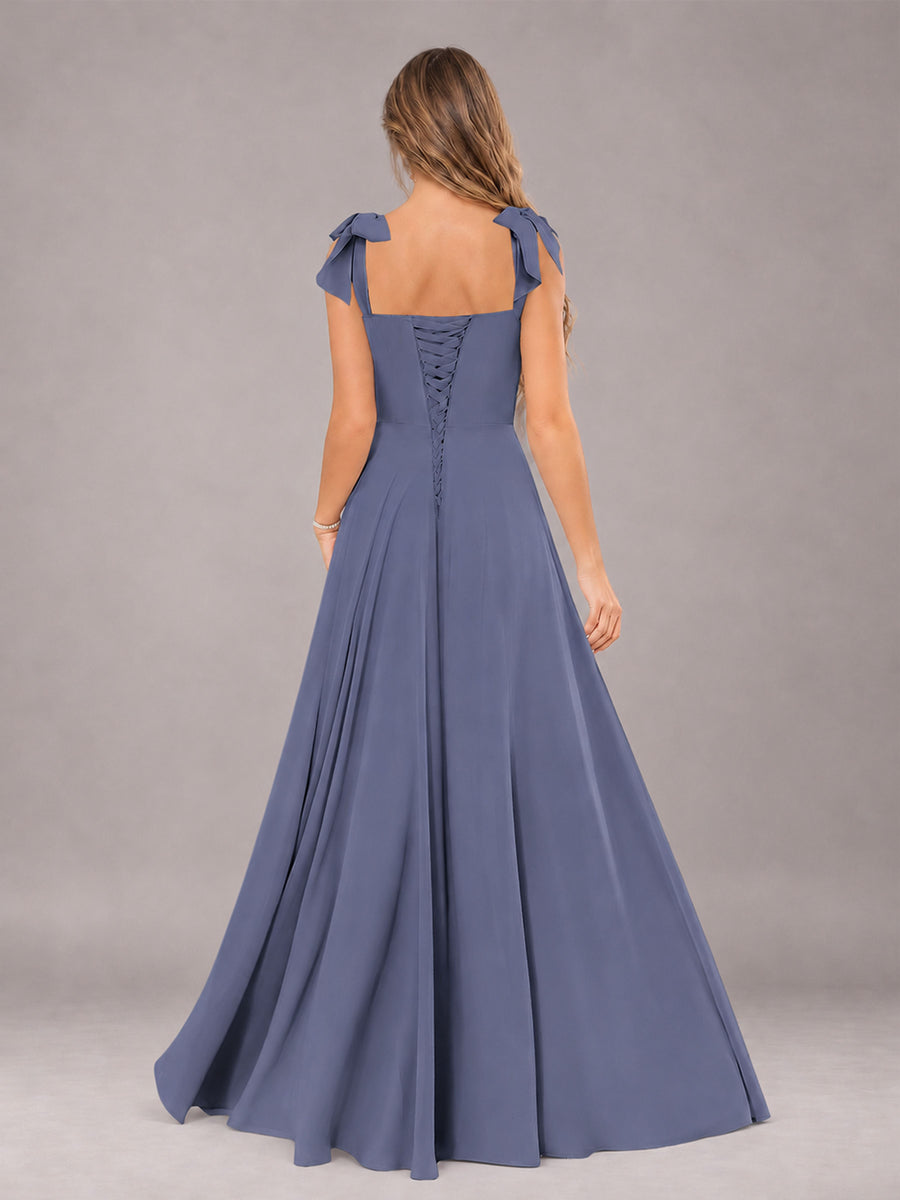 Stormy Blue A-Line Square Neck Sleeveless Chiffon Floor-Length Bridesmaid Dress With Side Split