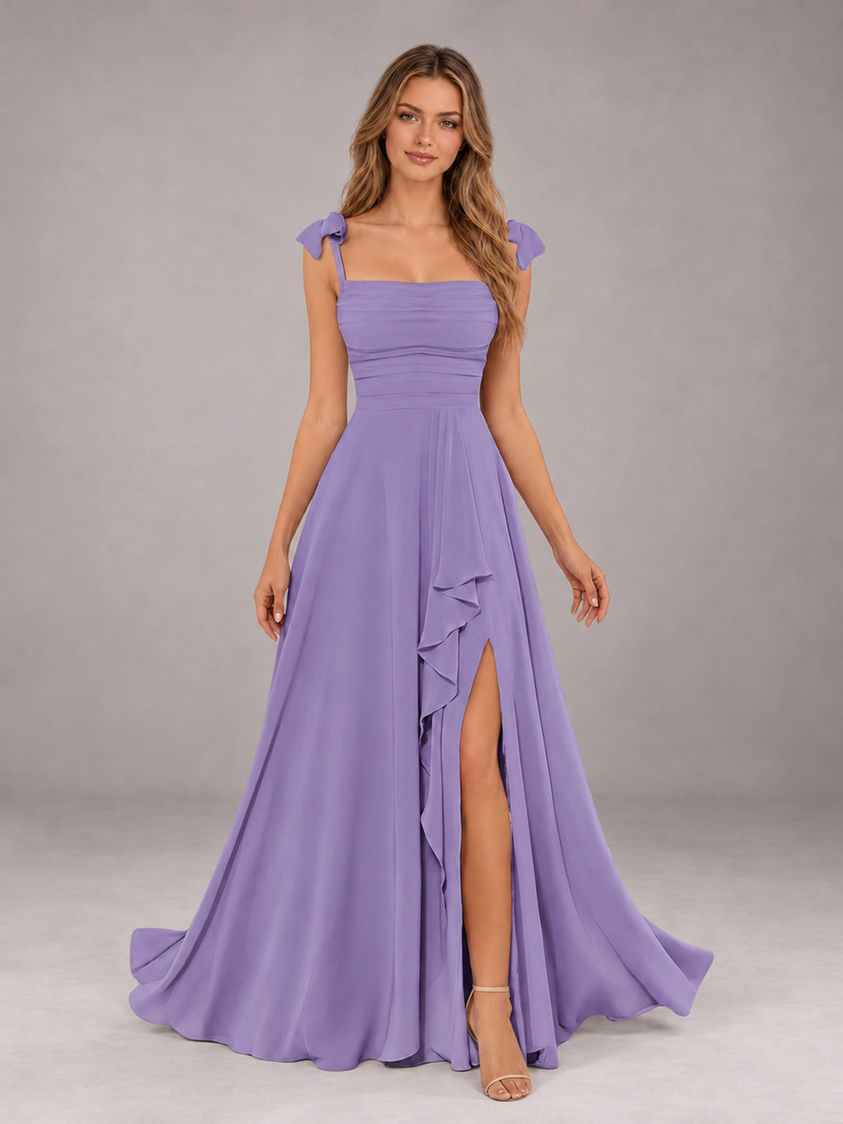 Tahiti A-Line Square Neck Sleeveless Chiffon Floor-Length Bridesmaid Dress With Side Split