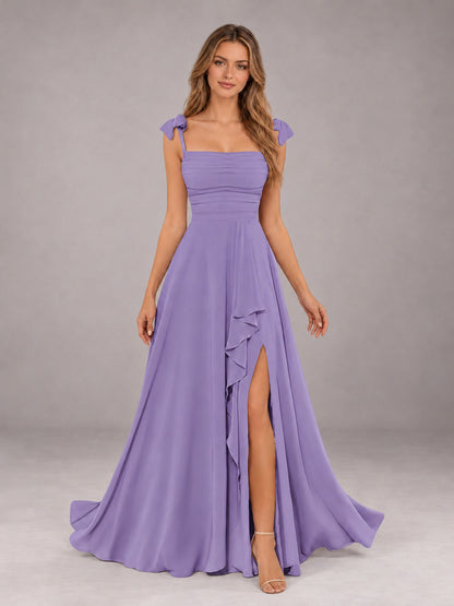 Tahiti A-Line Square Neck Sleeveless Chiffon Floor-Length Bridesmaid Dress With Side Split