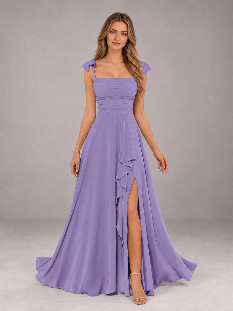 Tahiti A-Line Square Neck Sleeveless Chiffon Floor-Length Bridesmaid Dress With Side Split