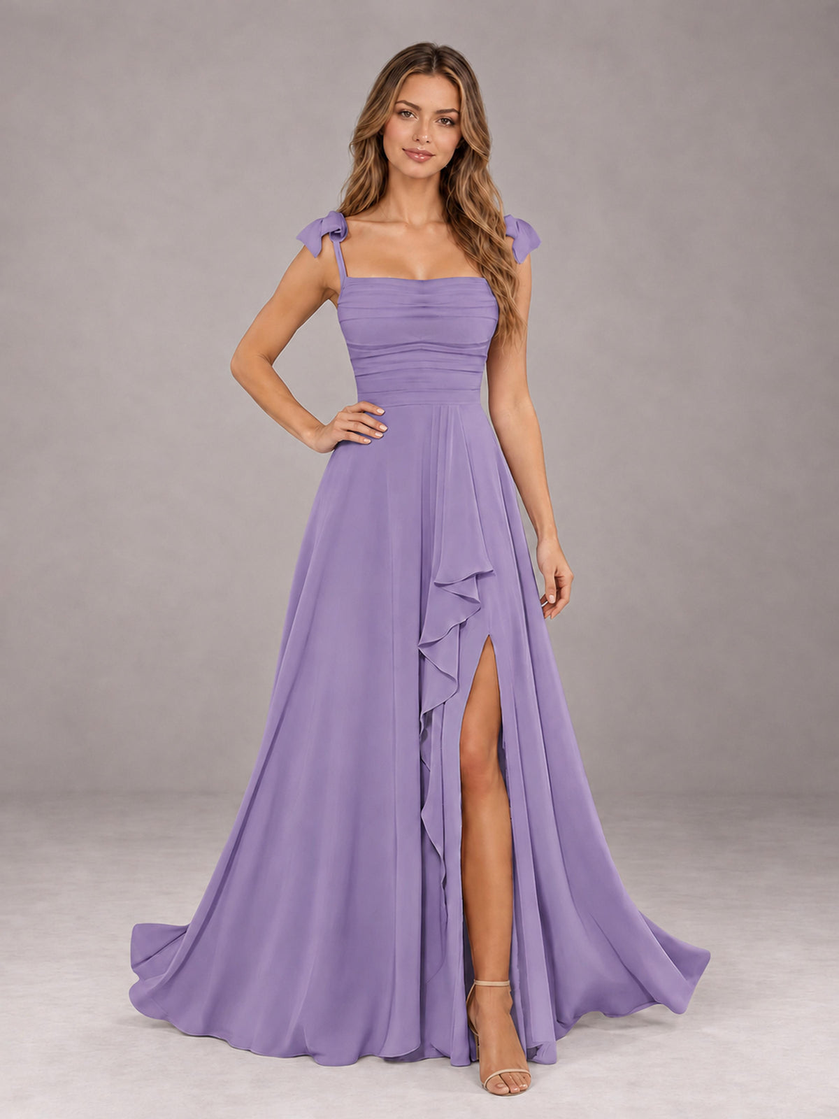Tahiti A-Line Square Neck Sleeveless Chiffon Floor-Length Bridesmaid Dress With Side Split