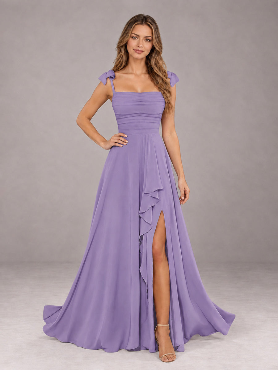 Tahiti A-Line Square Neck Sleeveless Chiffon Floor-Length Bridesmaid Dress With Side Split
