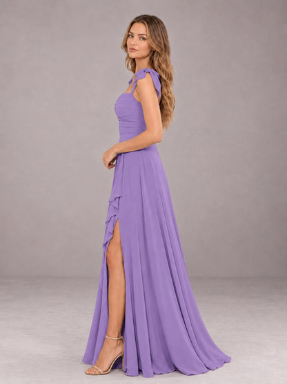 Tahiti A-Line Square Neck Sleeveless Chiffon Floor-Length Bridesmaid Dress With Side Split