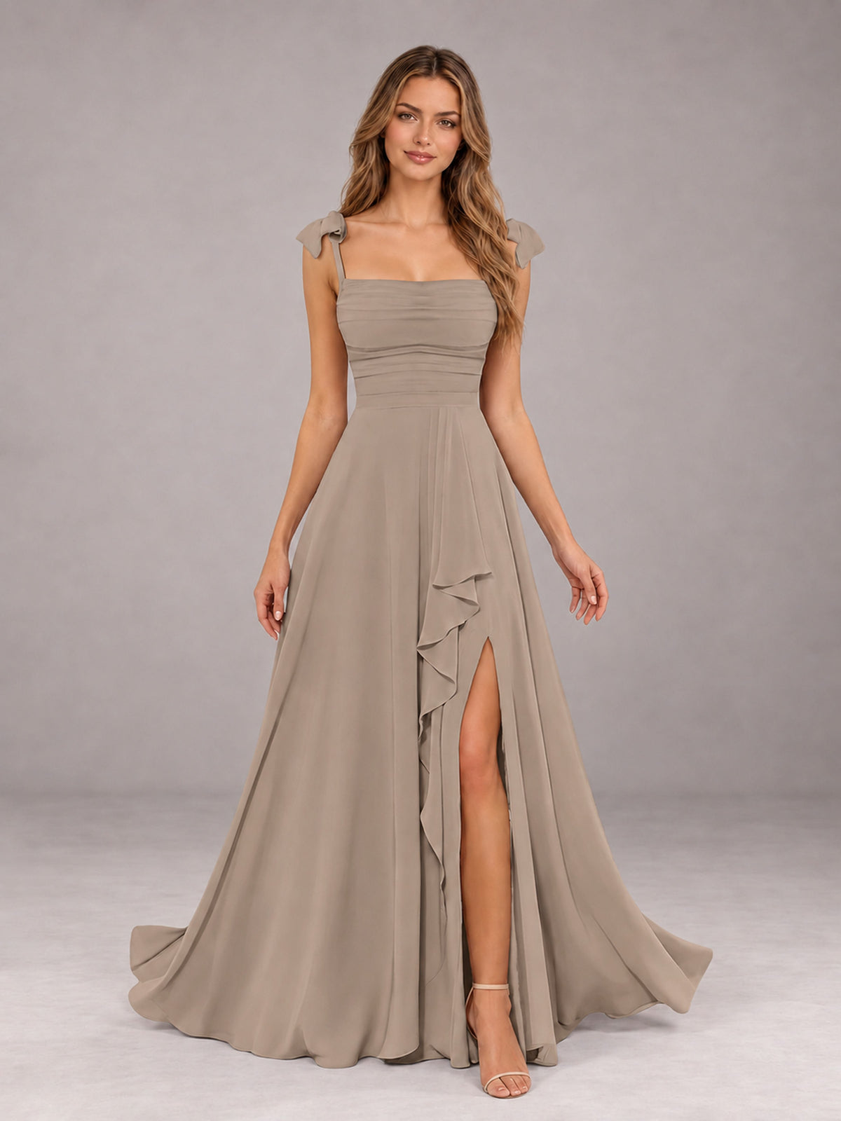 Taupe A-Line Square Neck Sleeveless Chiffon Floor-Length Bridesmaid Dress With Side Split