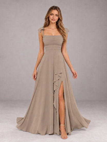 Taupe A-Line Square Neck Sleeveless Chiffon Floor-Length Bridesmaid Dress With Side Split