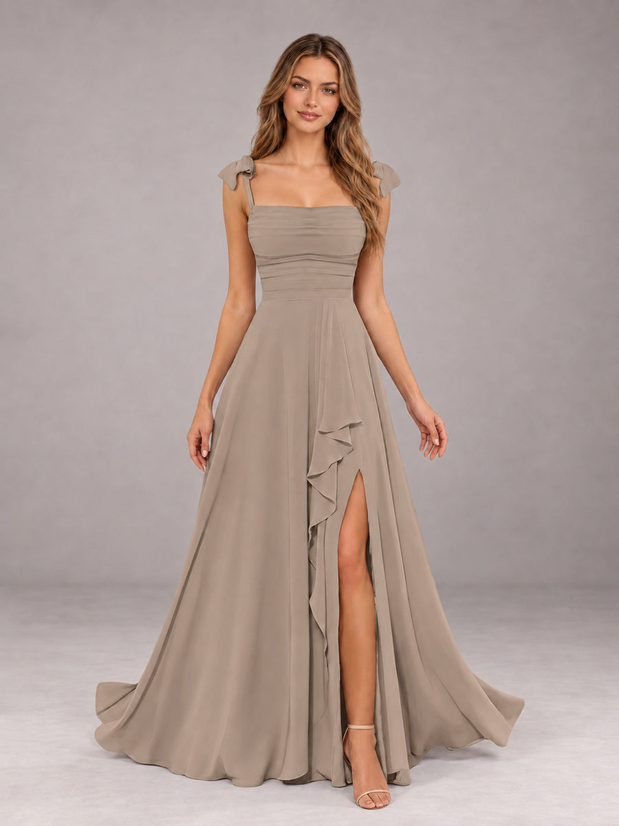 Taupe A-Line Square Neck Sleeveless Chiffon Floor-Length Bridesmaid Dress With Side Split