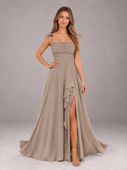 Taupe A-Line Square Neck Sleeveless Chiffon Floor-Length Bridesmaid Dress With Side Split