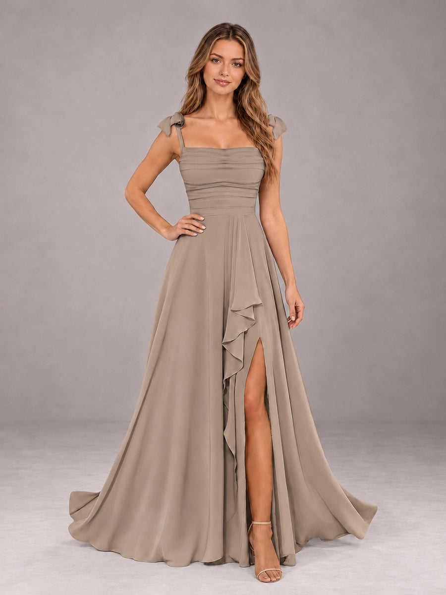 Taupe A-Line Square Neck Sleeveless Chiffon Floor-Length Bridesmaid Dress With Side Split