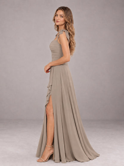 Taupe A-Line Square Neck Sleeveless Chiffon Floor-Length Bridesmaid Dress With Side Split
