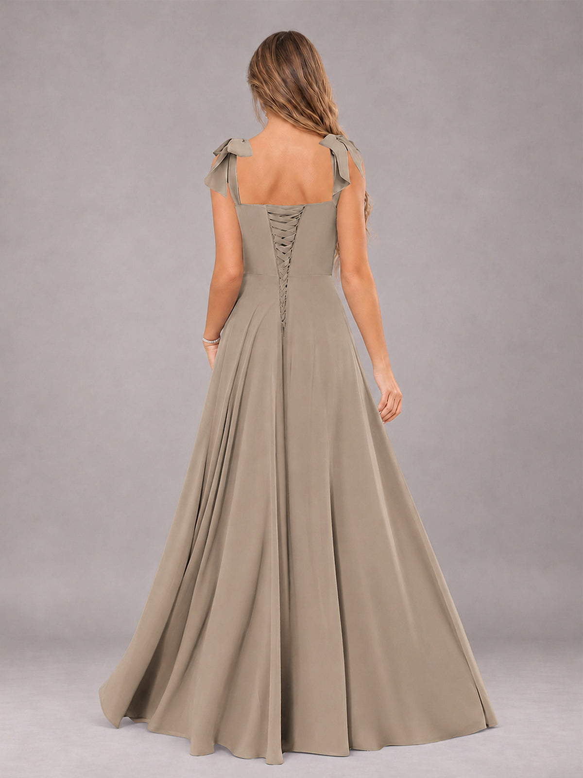 Taupe A-Line Square Neck Sleeveless Chiffon Floor-Length Bridesmaid Dress With Side Split